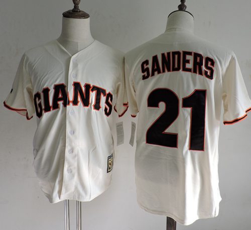Mitchell And Ness Giants #21 Deion Sanders Cream Throwback Stitched MLB Jersey - Click Image to Close